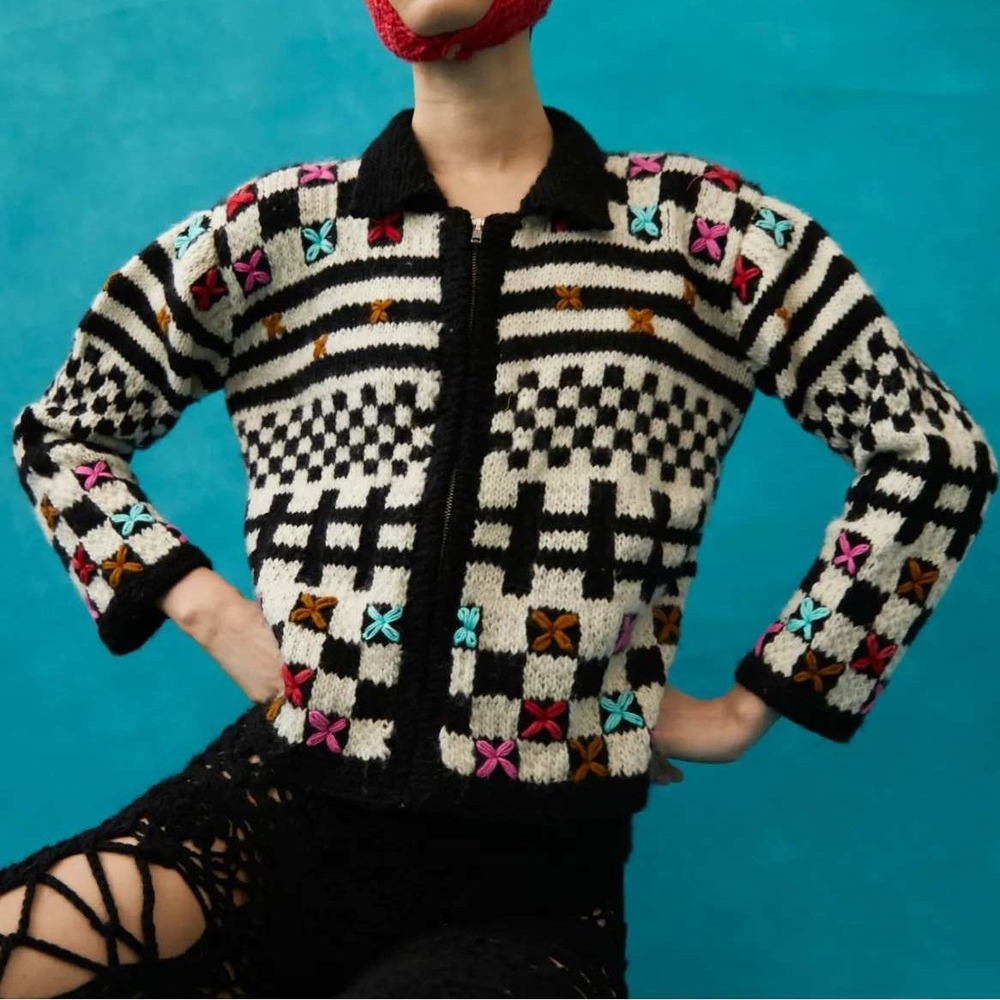 Tach Clothing Annette Merino Wool Hand Knit Zip Embroidered Cardigan Sweater S